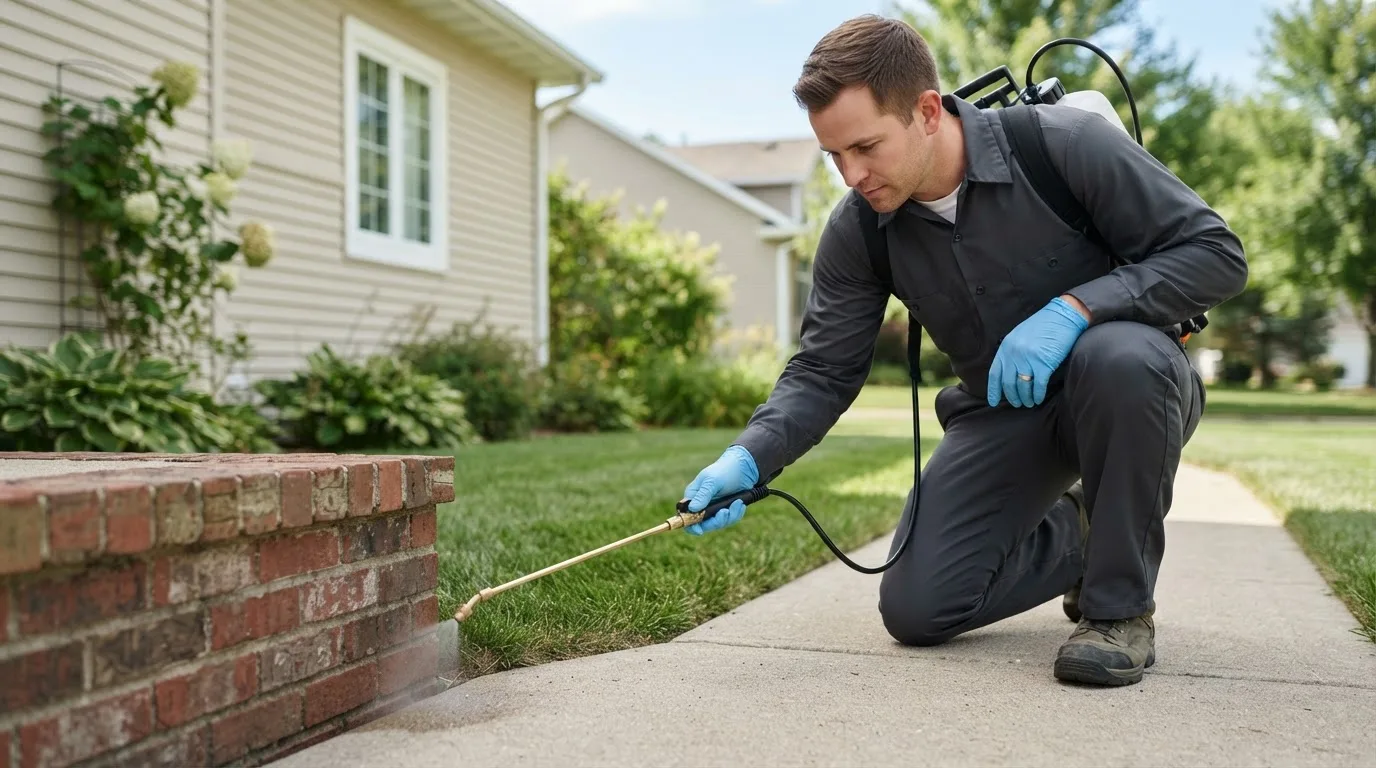 Pest control technician treating a home near Hazelton, ND